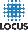 Logotipo da Locus com um símbolo azul composto por círculos interconectados e letras pretas.