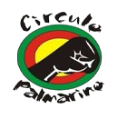 Logotipo do Circulo Palmarino com uma mão fechada sobre um fundo verde, amarelo e vermelho.